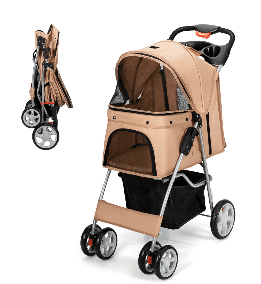 Foldable Pet Stroller 4-Wheel Cat Dog Travel Carrier w/ Storage Basket