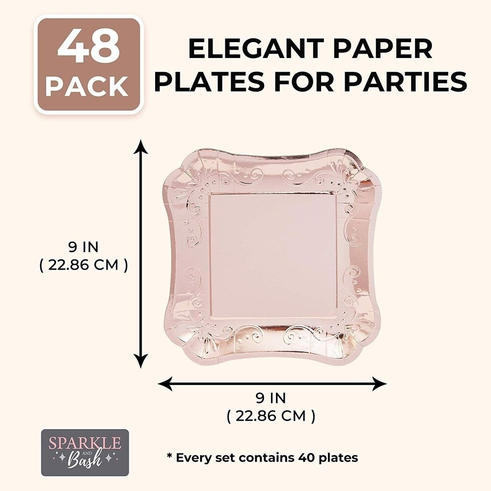 48x Square Rose Gold Paper Party Dinner Plates for Wedding Bridal Shower 9\