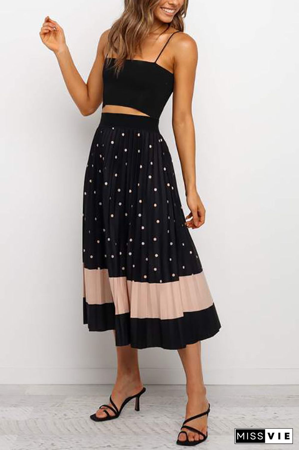 Polka Dot Color Block Pleated Midi Dress