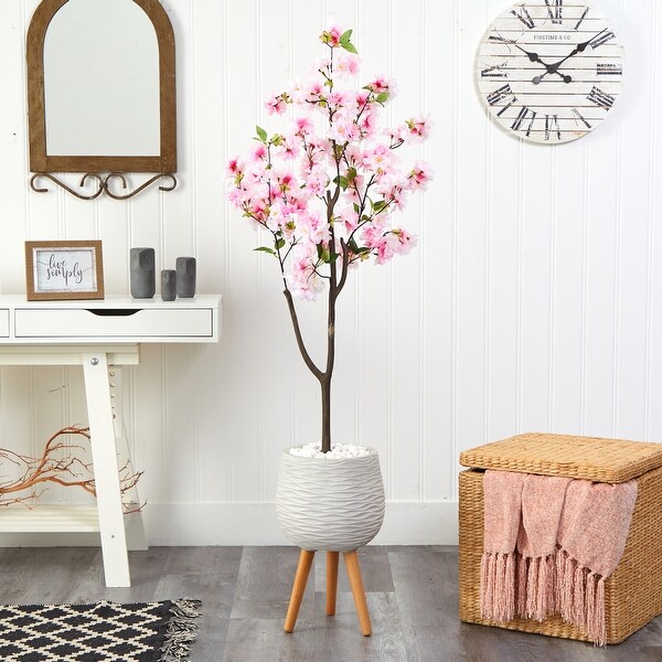 63 Cherry Blossom Artificial Tree in White Planter with Stand