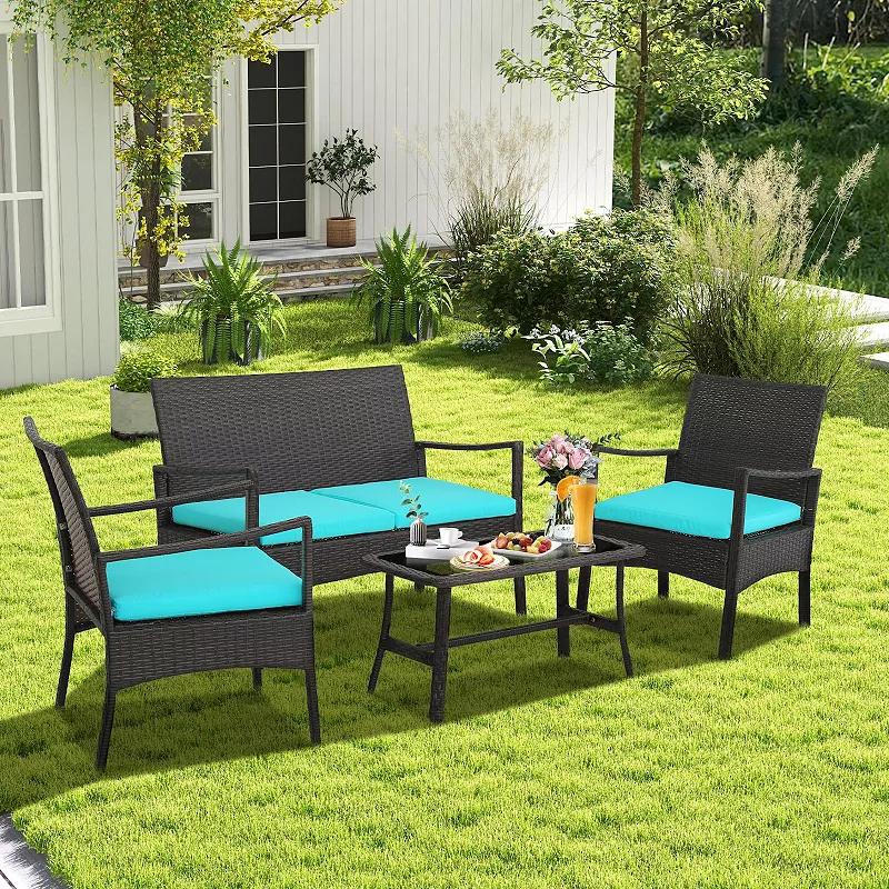 4 Pieces Outdoor Rattan Conversation Set with Tempered Glass Coffee Table