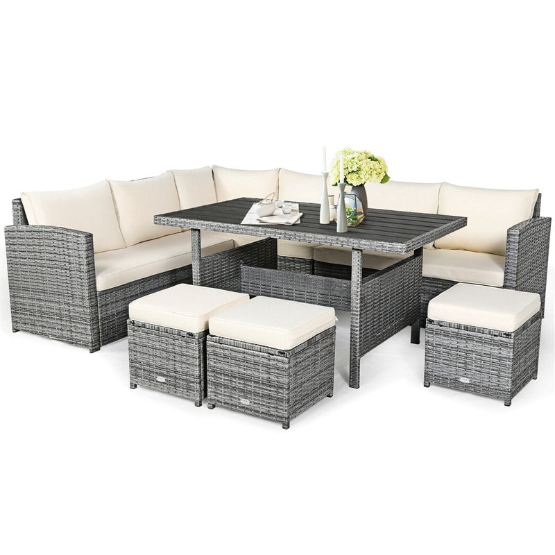 7 Pcs Rattan Patio Dining Furniture Sectional Sofa Set with Dining Table, Ottomans & Cushions