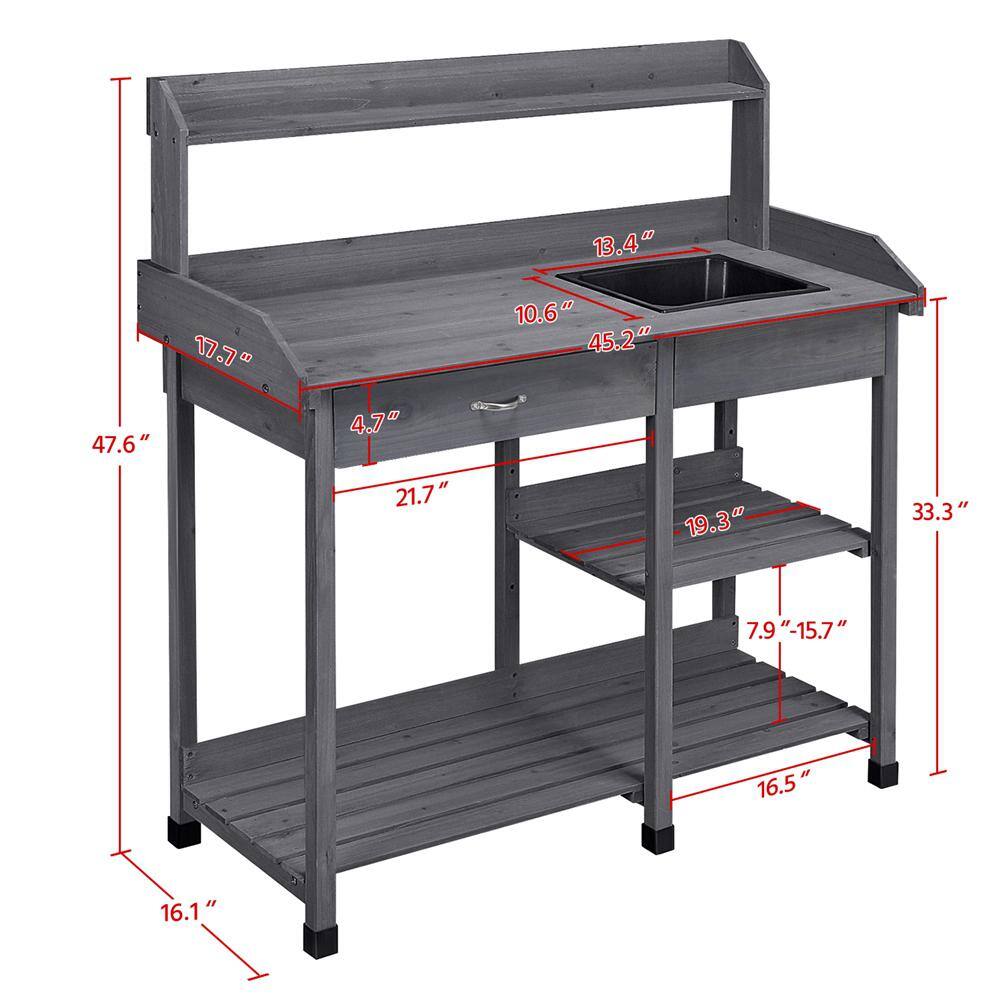 Yaheetech Outdoor Solid Wood Potting Bench with Drawer Adjustable Shelf Rack and Removable Sink DY64l90001