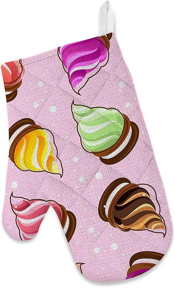 Kitchen Oven Mitts Glove Potholder Apron 3pcs Set Various Desserts On Pink Non Slip Heat Resistant Mitts For Baking Cooking Bbq