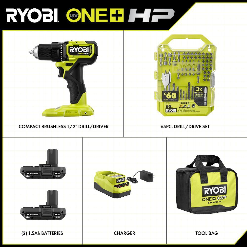 RYOBI ONE+ HP 18V Brushless Cordless Compact 12 in. DrillDriver Kit with (2) 1.5 Ah Batteries Charger Bag  65PC Bit Set PSBDD01K-A986501