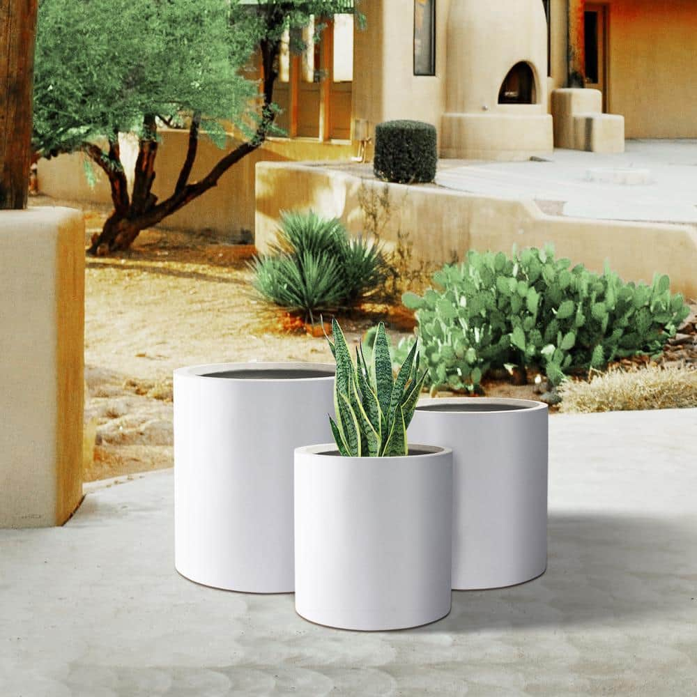 PLANTARA 16 in.， 13 in. and 10 in. D Solid White Outdoor Planter， Flower Pot (Set of 3)， Modern Round Plant Pot for Garden PA119S3-8011