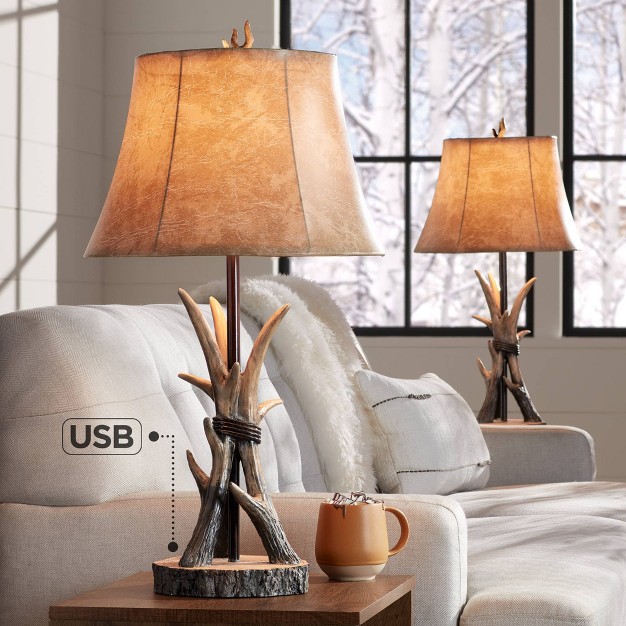 Tall Set Of 2 Natural Antler With Usb Charging Port Bell Shade For Bedroom Living Room Office