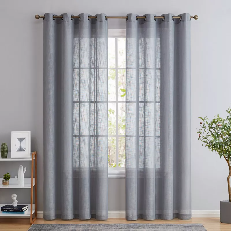 THD Serena Faux Linen Textured Semi Sheer Privacy Sun Light Filtering Transparent Window Grommet Long Thick Curtains Drapery Panels for Bedroom and Living Room， Set of 2