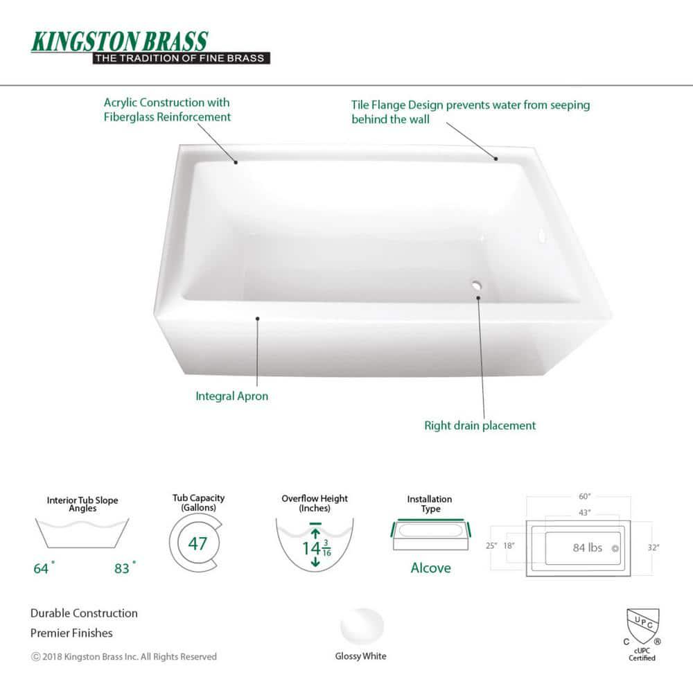 Aqua Eden Bertha 60 in Acrylic RightHand Drain Rectangular Alcove Bathtub in White