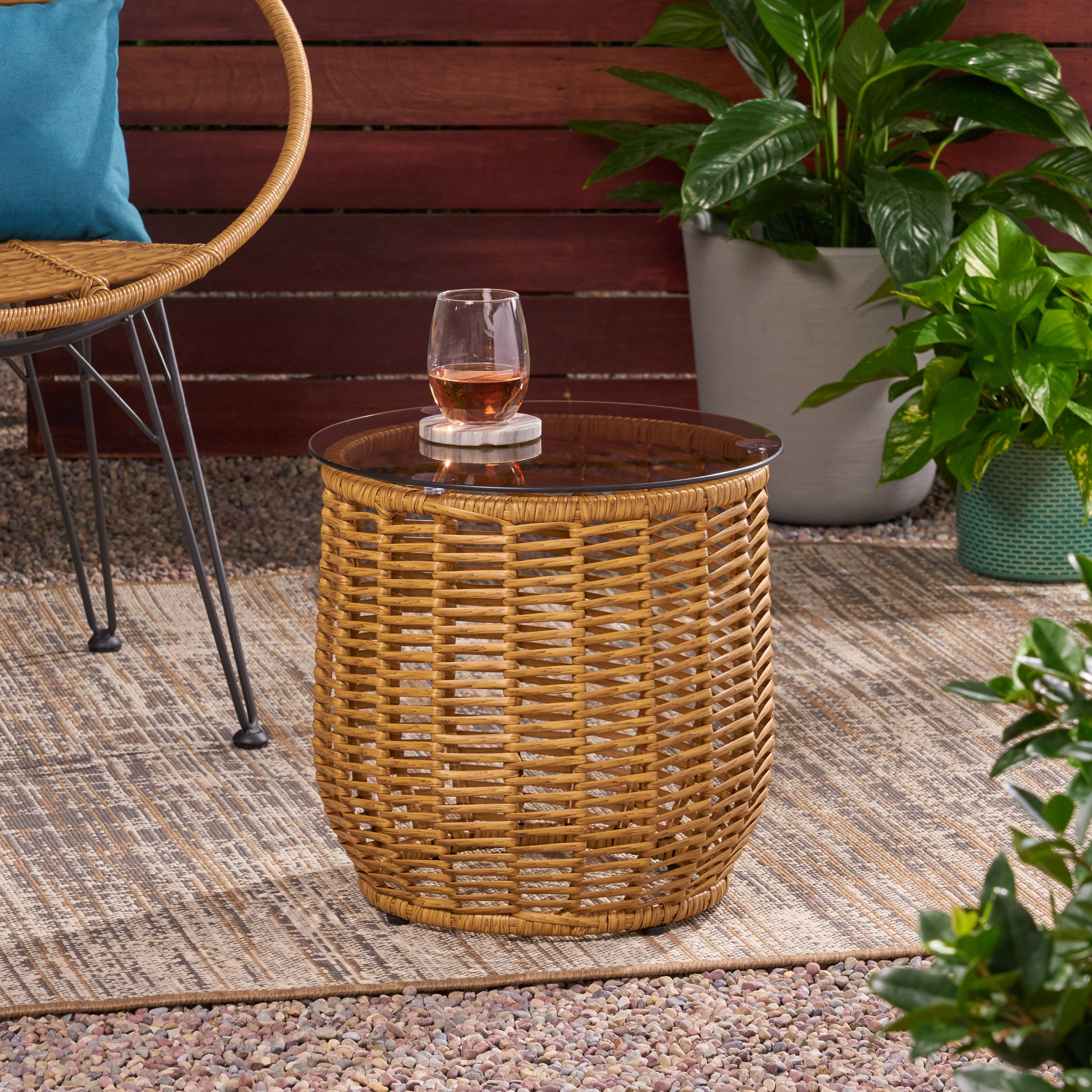 Ola Wicker Side Table with Tempered Glass Top