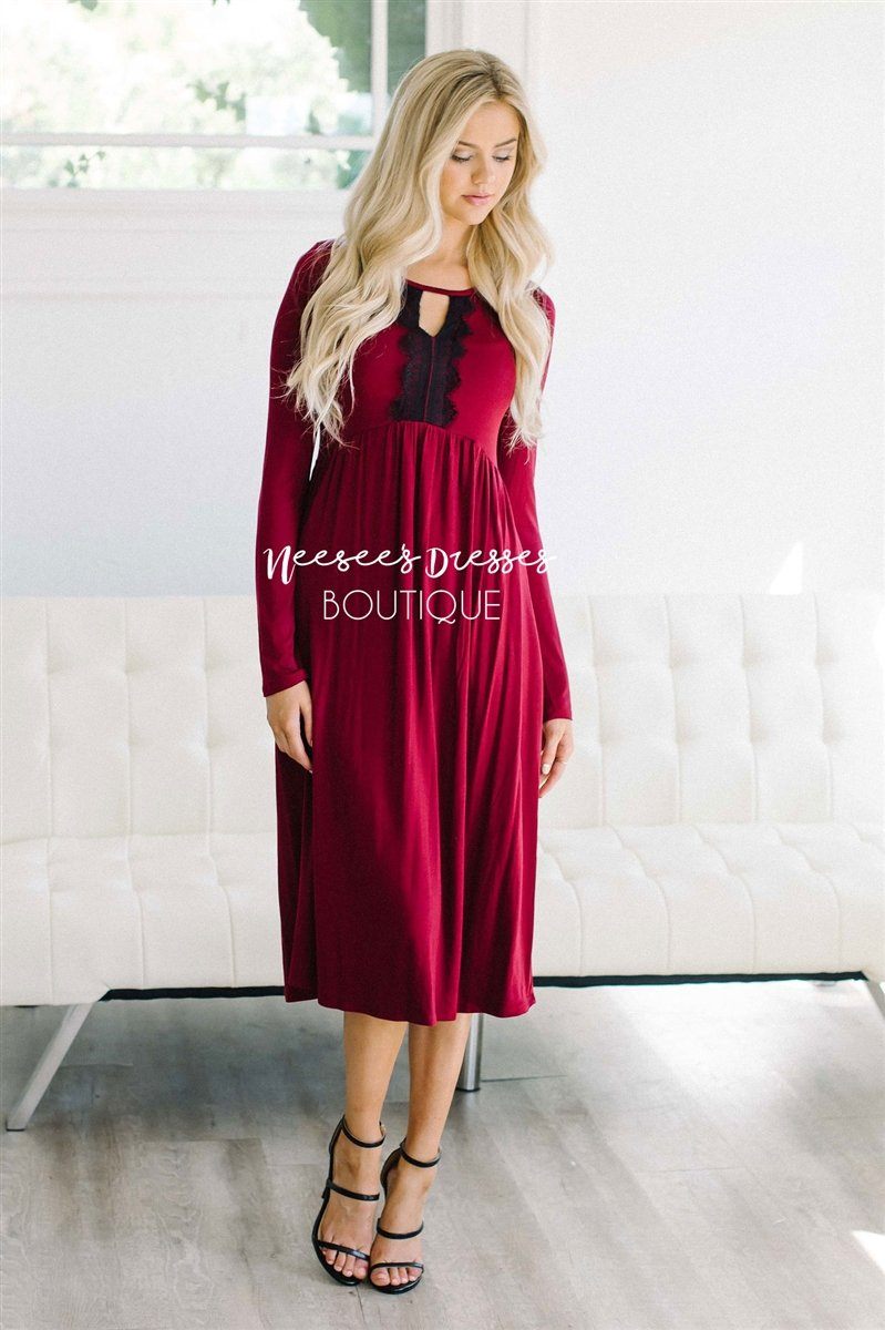 Eyelash Lace Detail Deep Wine Dress