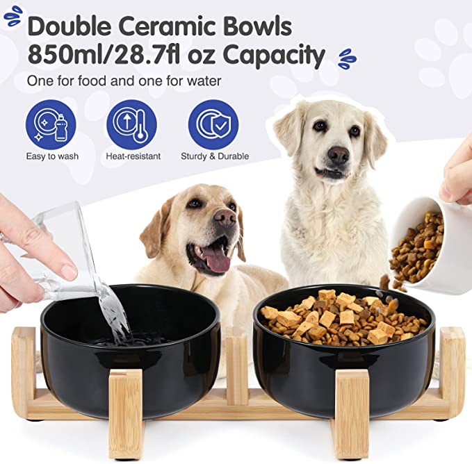 Pawaboo Ceramic Dog Cat Food and Water Bowls Set with Wooden Stand & Non-Slip Silicone Pad, Modern Cute Bowl Set for Small Size Dogs and Cats (15.2OZ) & Medium Sized Dogs (28OZ), 6inch-Black