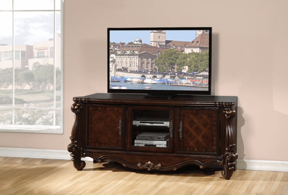 Charming Tv Stand  Cherry Oak Brown   Victorian   Entertainment Centers And Tv Stands   by Benzara  Woodland Imprts  The Urban Port  Houzz