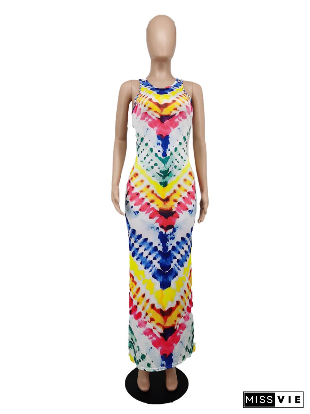 Sleeveless O Neck Tie Dye Side Slit Long Maxi Dress