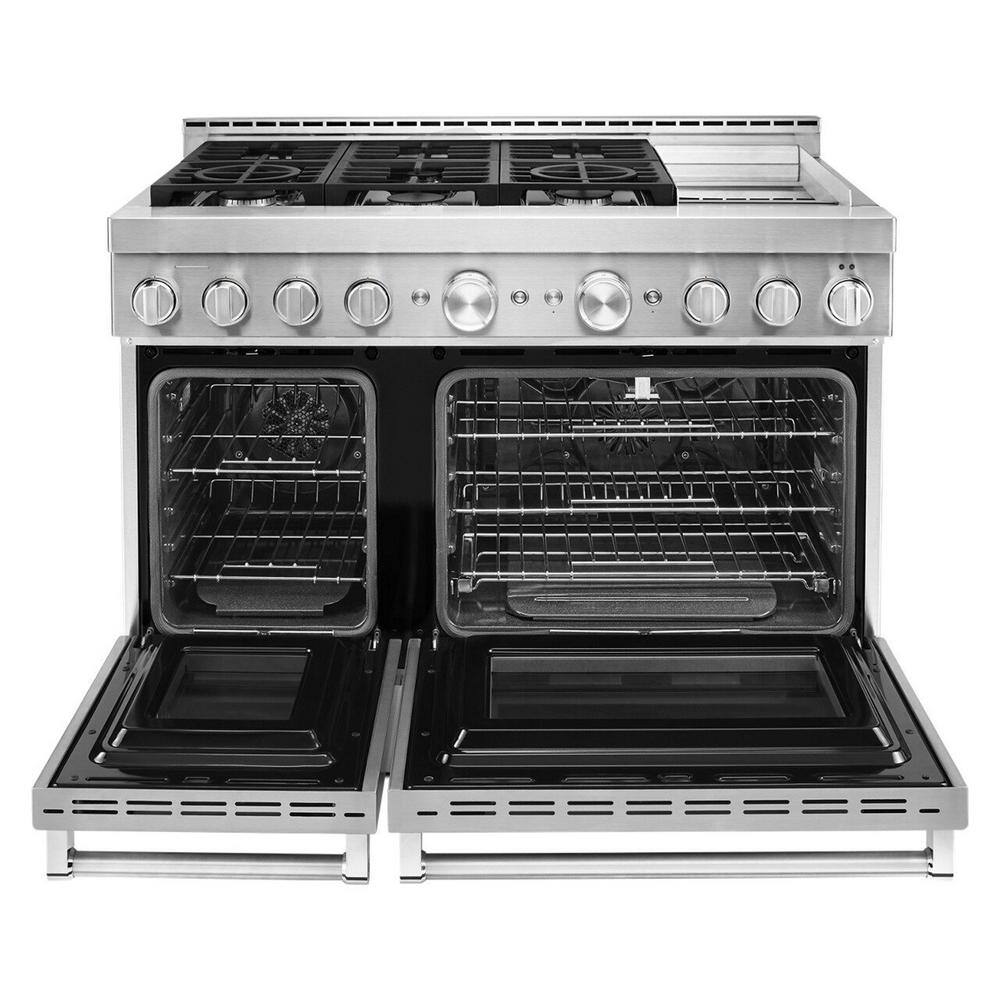 KitchenAid 48 in. 6.3 cu. ft. Smart Double Oven Commercial-Style Gas Range with Griddle and True Convection in Stainless Steel KFGC558JSS