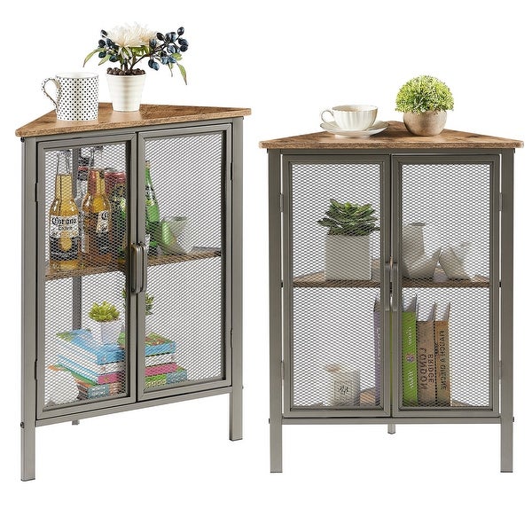 Set of 2 Industrial Triangle Corner Table with Dual Door and 3-tier Shelf Storage Cabinet