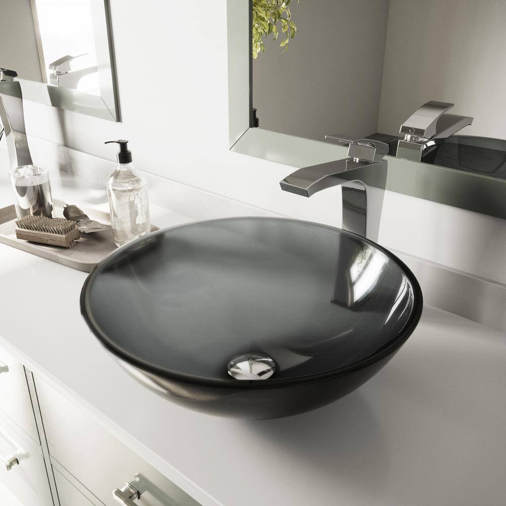 VIGO Giovanni Sheer Black Glass 17 in. L x 17 in. W x 6 in. H Round Vessel Bathroom Sink VG07042