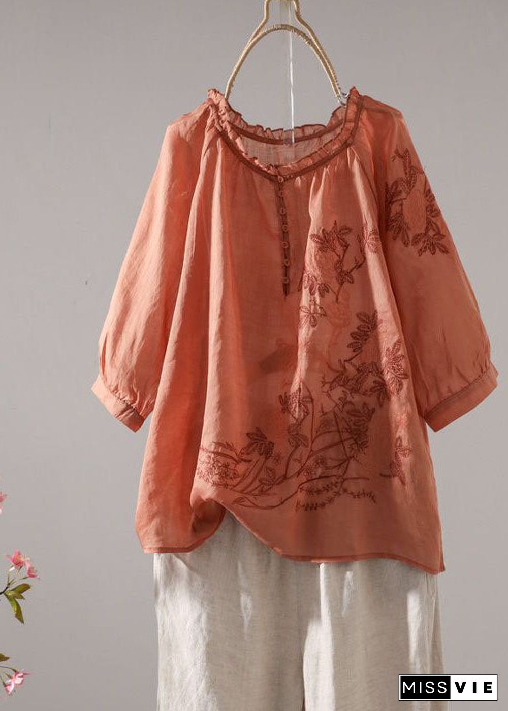 Orange Patchwork Linen T Shirt Embroideried O-Neck Half Sleeve