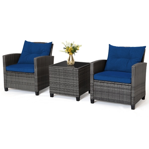 3Piece Outdoor Wicker Patio Furniture Set with Tempered Glass Coffee Table