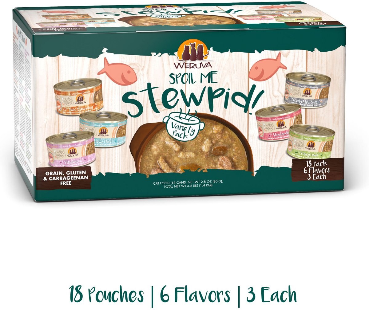 Weruva Classic Stews， Spoil Me Stewpid! Variety Pack Wet Cat Food， 3-oz， 18 pack