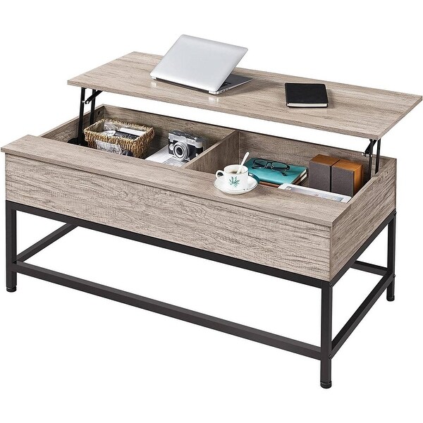 Modern Metal Wood Lift-Top Coffee Table Sofa Laptop Desk in Grey Wood Finish - 20