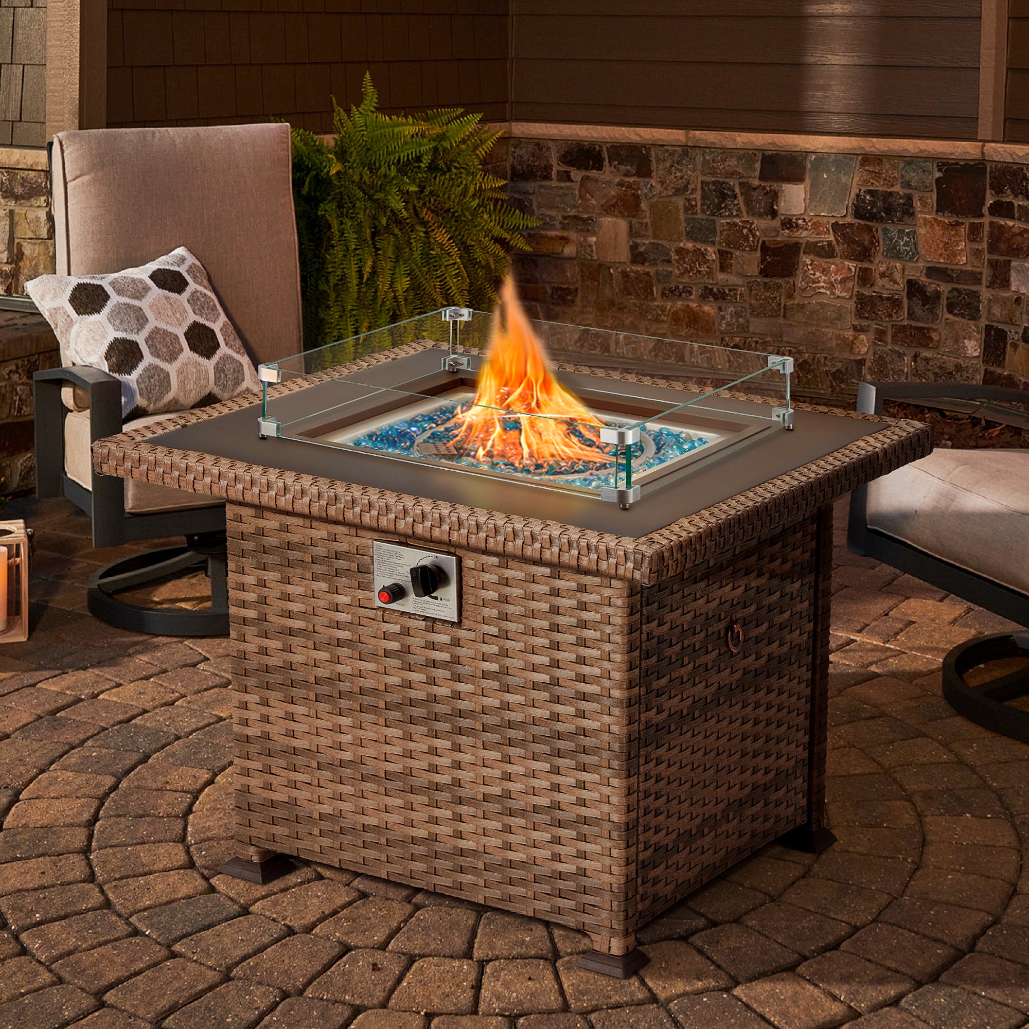 Homrest 32 INCH Fire Pit Table for Outside Propane with Glass Wind Guard,50,000 BTU Auto-Ignition Outdoor Fire Pit w/ CSA Certification for Garden Deck Patio Backyard (Light Brown)