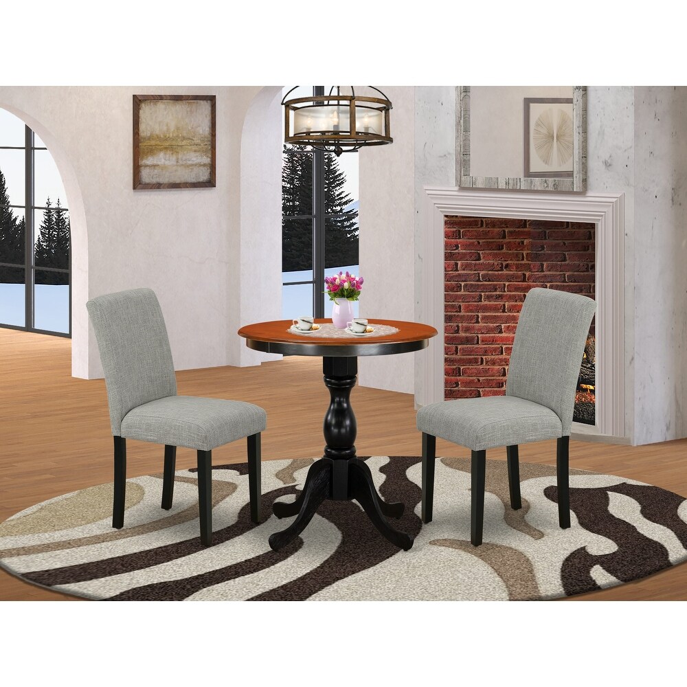 East West Furniture 3 Piece Kitchen Table Set  a Round Table and 2 Parson Dining Chairs  Black   Cherry (Upholstered Options)