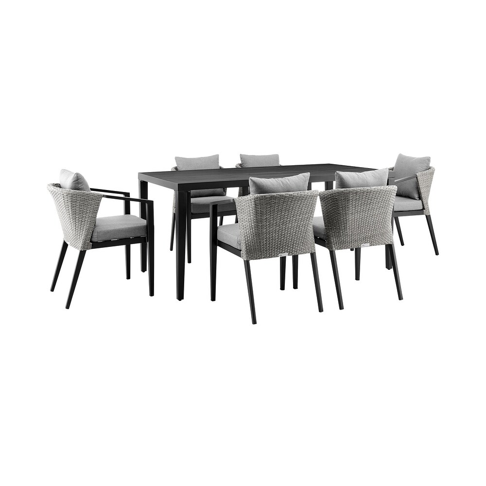 Palma Outdoor Patio 7 Piece Dining Table Set in Aluminum and Wicker with Grey Cushions