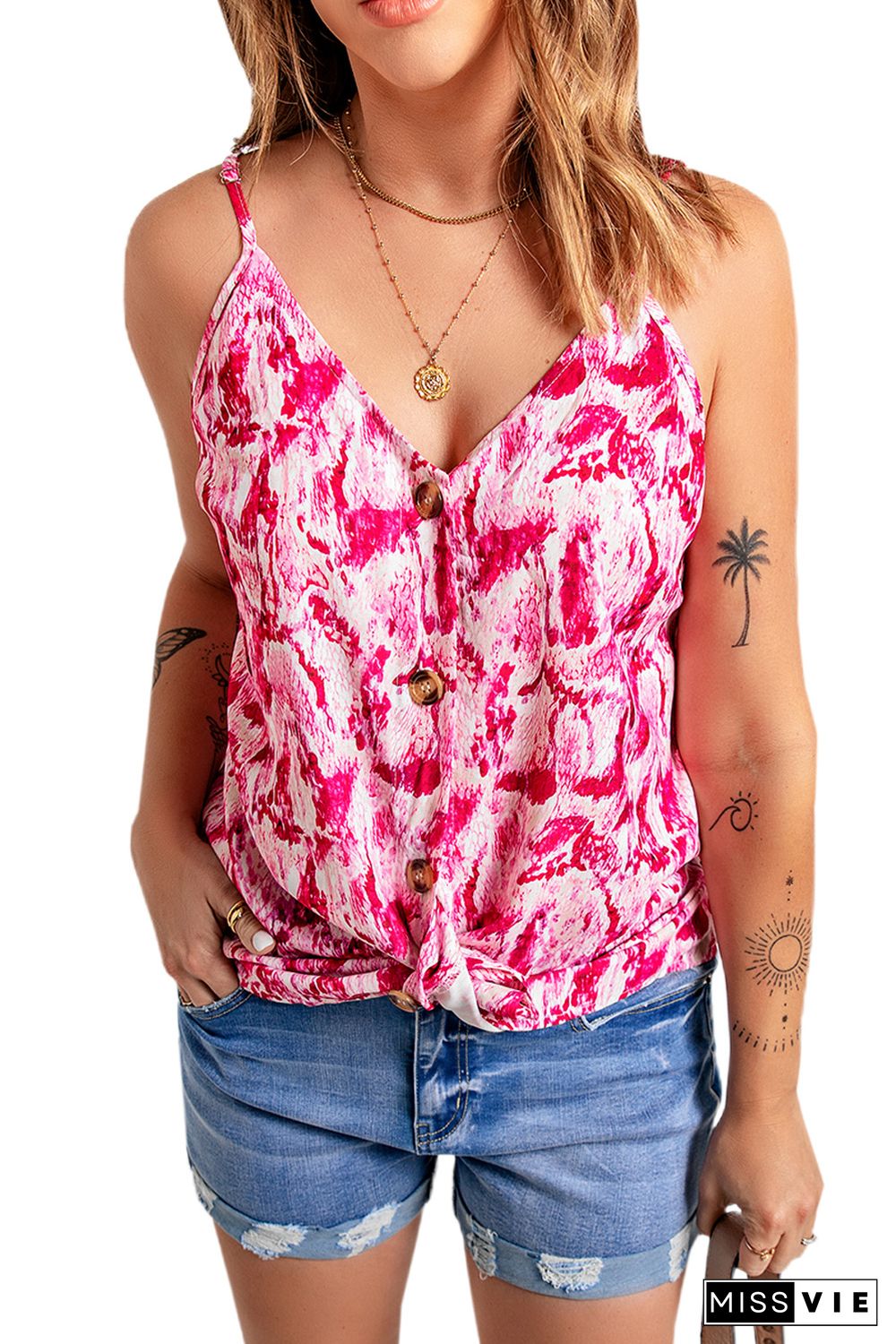 Pink Abstract Print Buttoned Tank Top