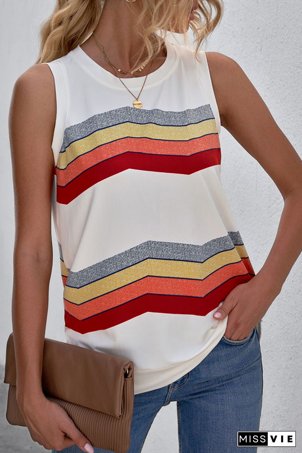 White Crew Neck Colorblock Stripes Tank Top