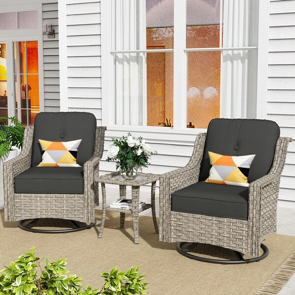 XIZZI 3Piece Swivel Rocking Chair Rattan Wicker Outdoor Patio Furniture Bistro Set