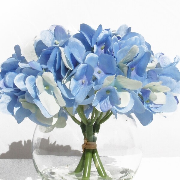 Artificial Hydrangea Flower Arrangement in Round Glass Vase 7in