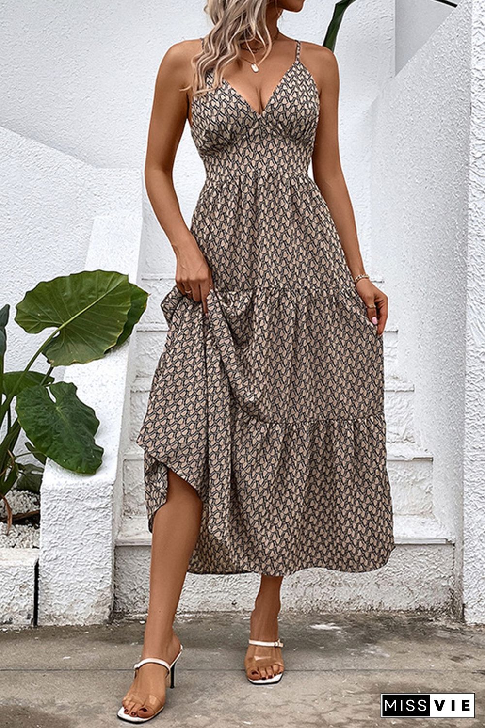 Khaki Printed V Neck Spaghetti Strap Maxi Dress