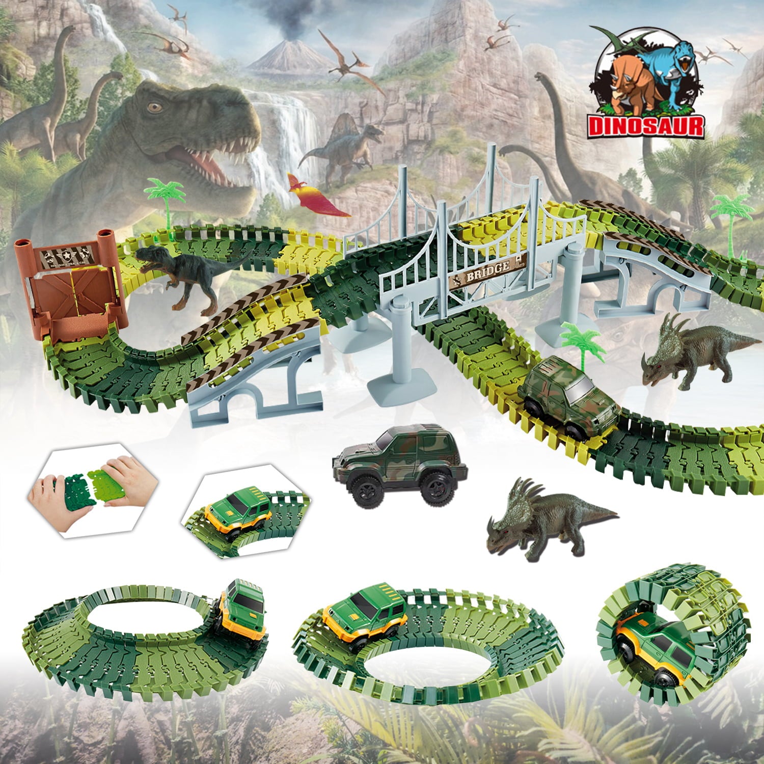 Welltop Dinosaurs Race Track Toys with 144 Flexible Track， 1 LED Dinosaur Racing Cars， for Boys Girls Kids Age 3 4 5 6 7+