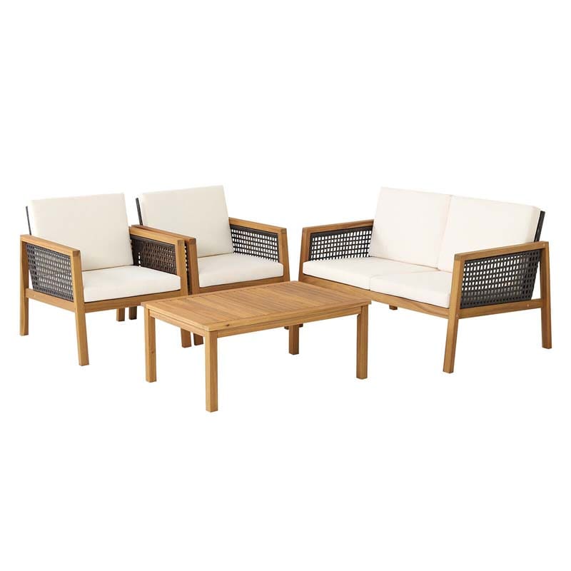 4 Pcs Outdoor Acacia Wood Furniture Set Rattan Patio Conversation Sofa Set with Coffee Table & Soft Cushions