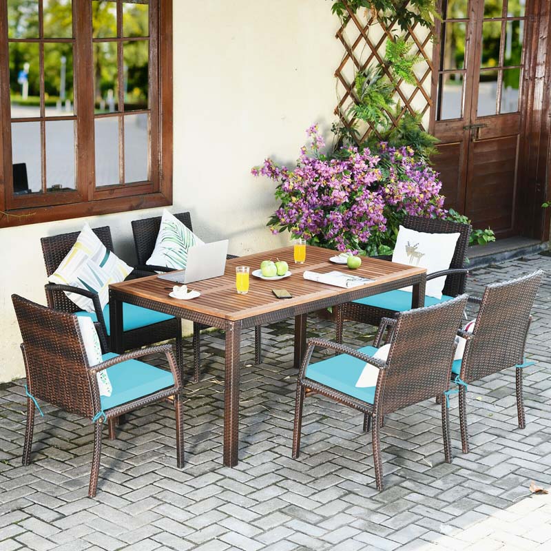 7 Pcs Rattan Patio Dining Set with Umbrella Hole, Acacia Wood Tabletop, Cushioned Chairs