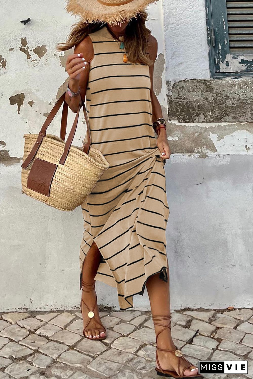 Khaki Stripe Print Open Back Sleeveless Maxi Dress with Slits