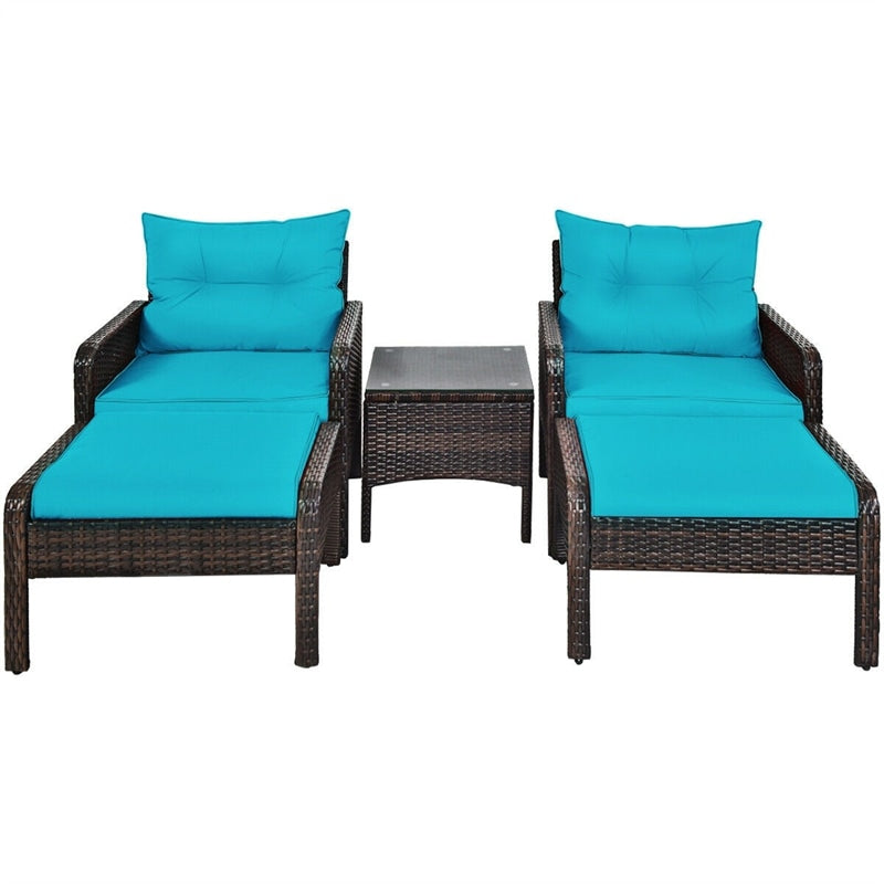 5 Pcs Rattan Patio Conversation Sets with Ottomans & Coffee Table, Wicker Outdoor Bistro Set