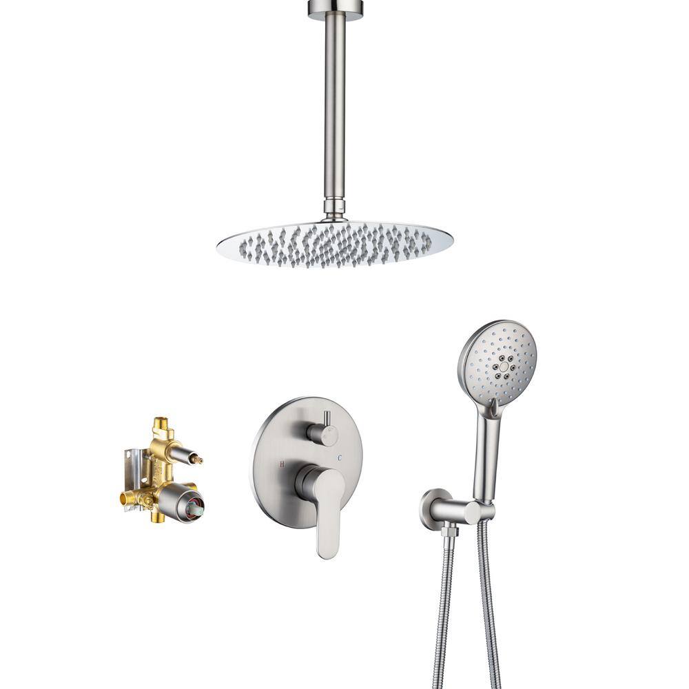 Tahanbath 3-Spray Patterns with 2.5 GPM 12 in. Ceiling Mounted Dual Shower Heads Shower System Mix Set in Brushed Nickel PZZ-96205-BN-KXC