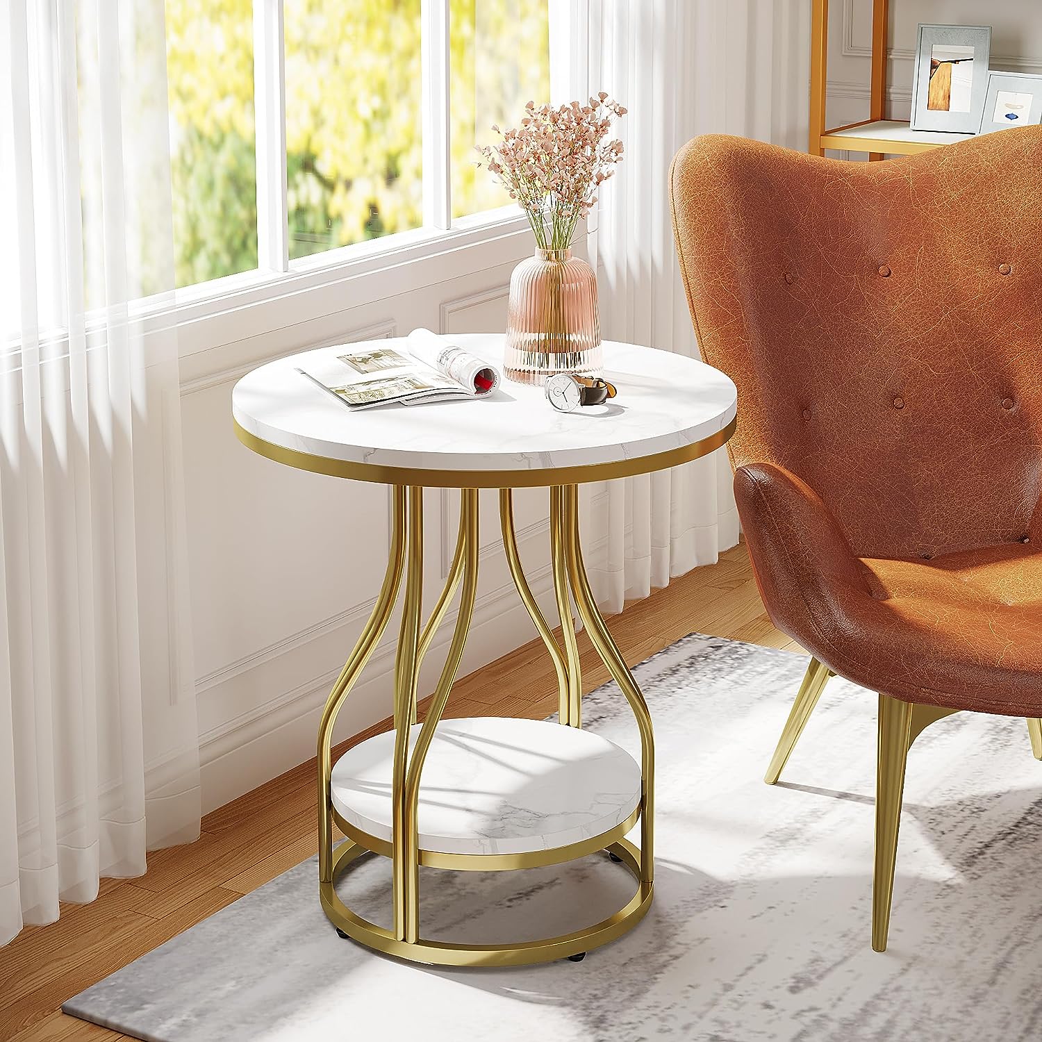 2-Tier End Table, Round Sofa Side Table with Metal Frame