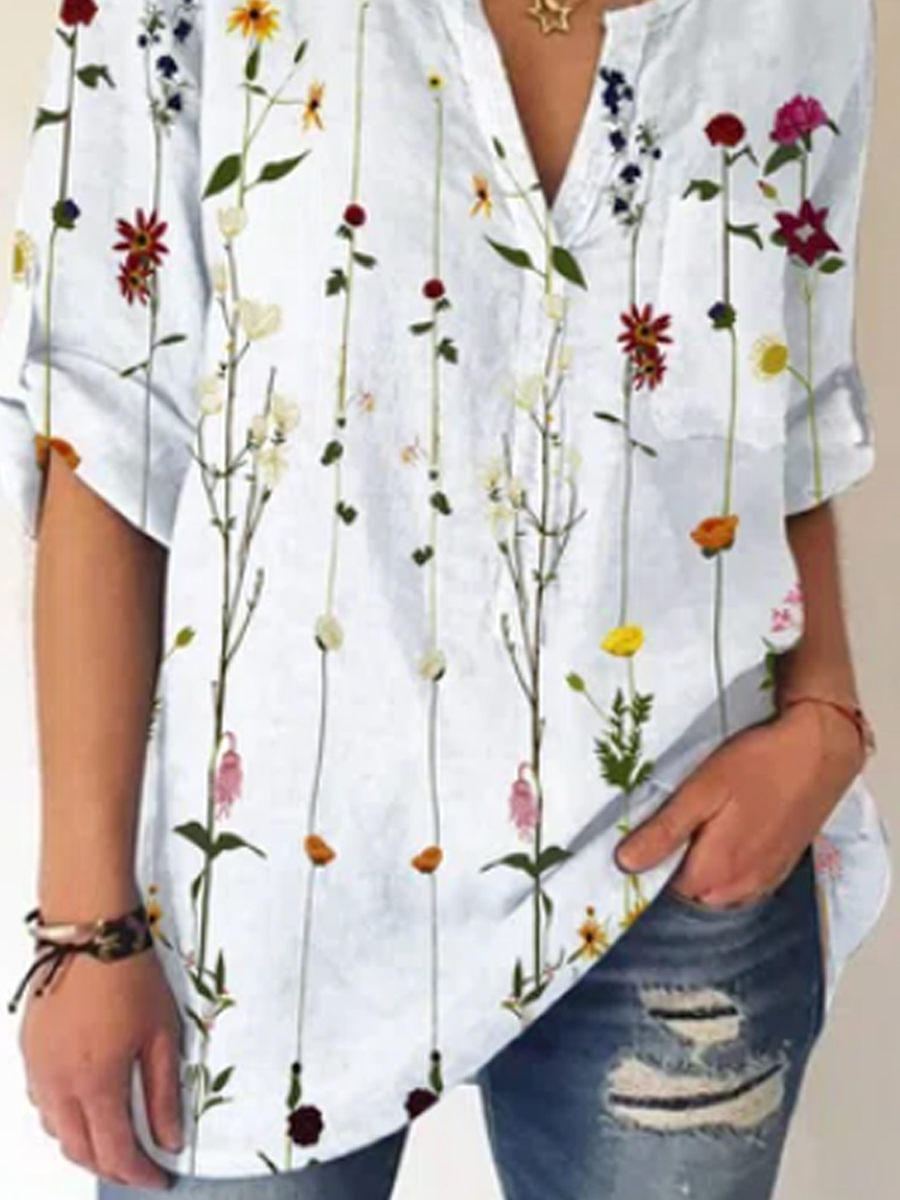 Ladies V-neck Floral Print Fashion Short-sleeved Blouse