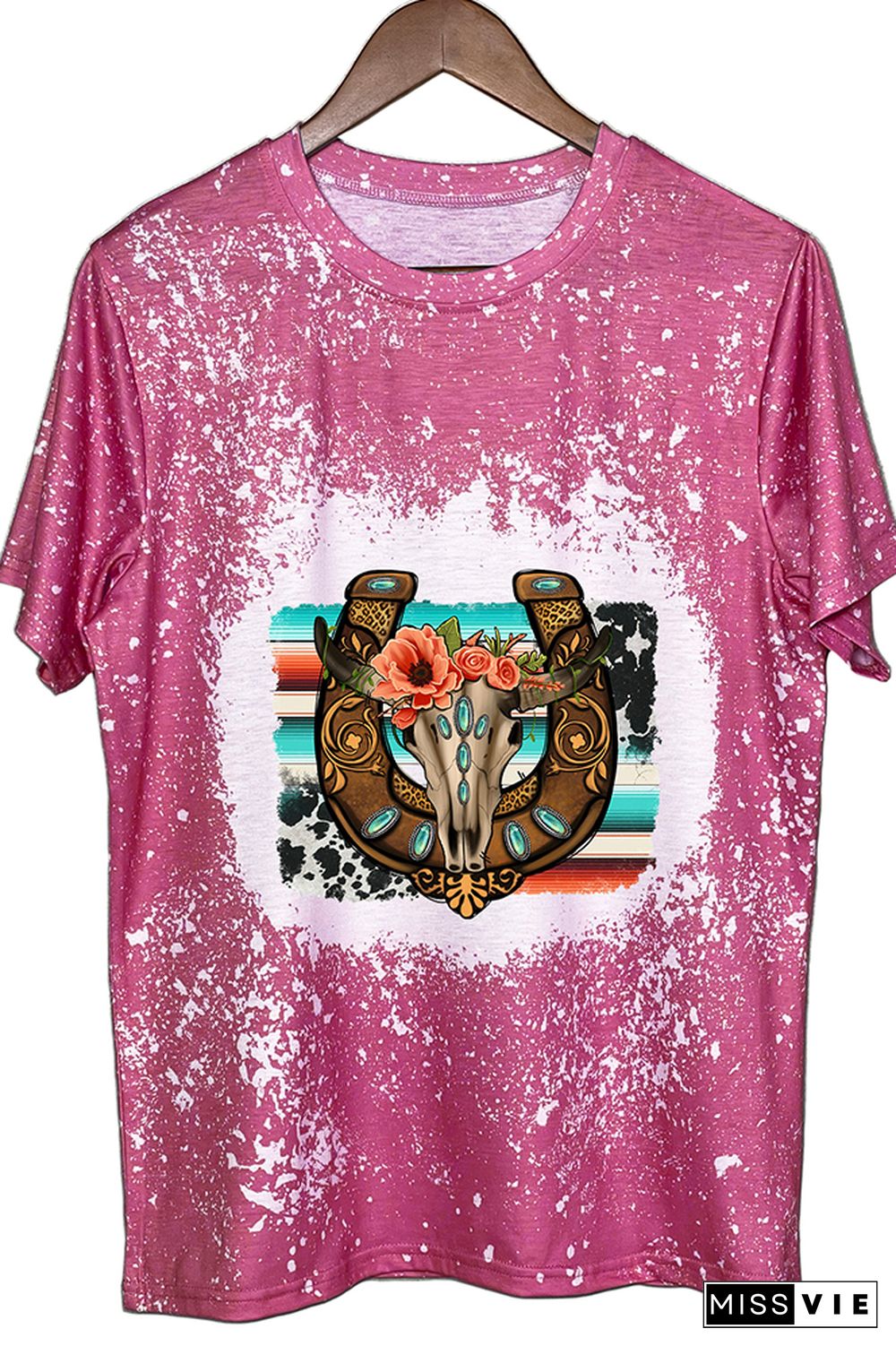 Horseshoe Floral Bull Skull Gemstone, Western Horseshoe Graphic Tee Wholesale