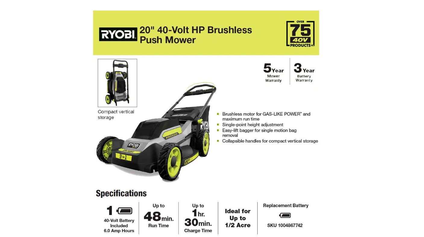 RYOBI RY401170VNM 40V HP Brushless 20 in. Cordless Battery Walk Behind Push Mower with 6.0 Ah Battery and Charger