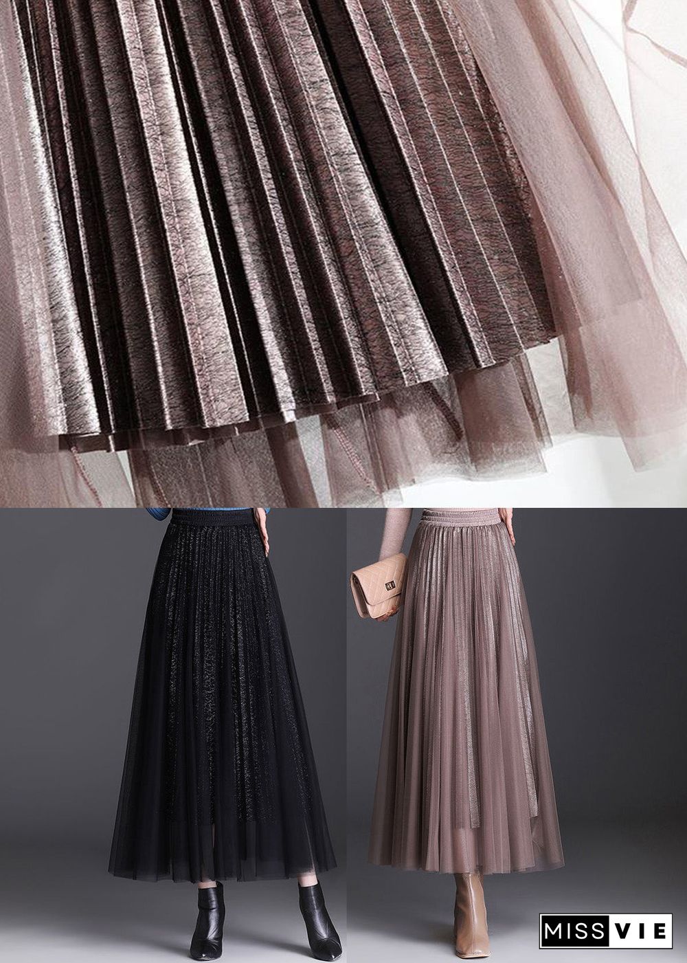 Black Elastic Waist Tulle A Line Skirts Spring