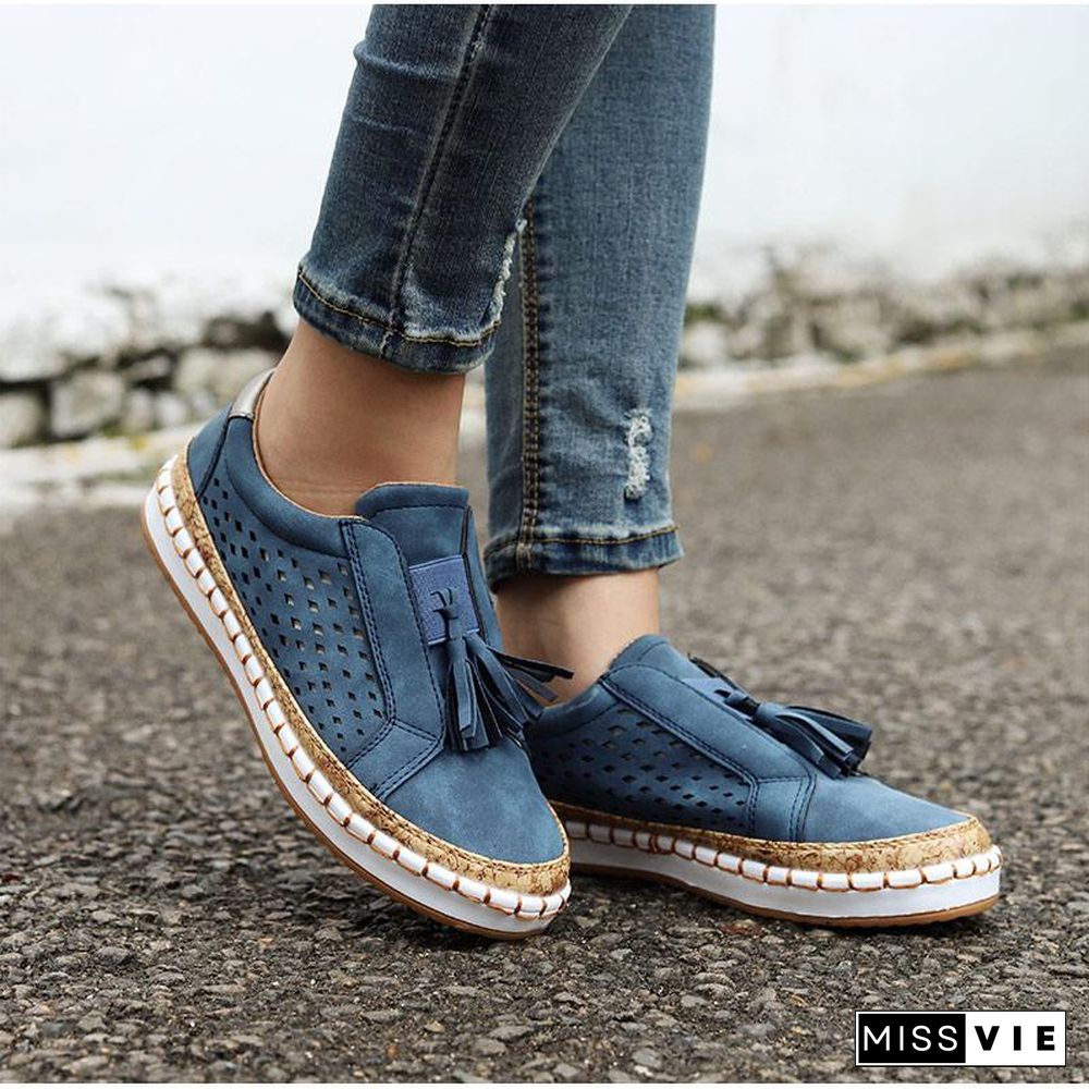 Women Slip On Hollow Out Flats Ladies Breathable Loafers Casual Platform Vulcanized Sewing Sneakers Shoes