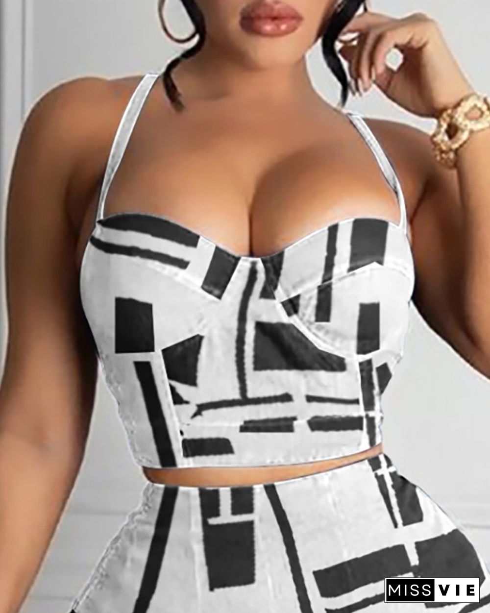 Abstract Print Halter Crop Sleeveless Top & Skirt Sets