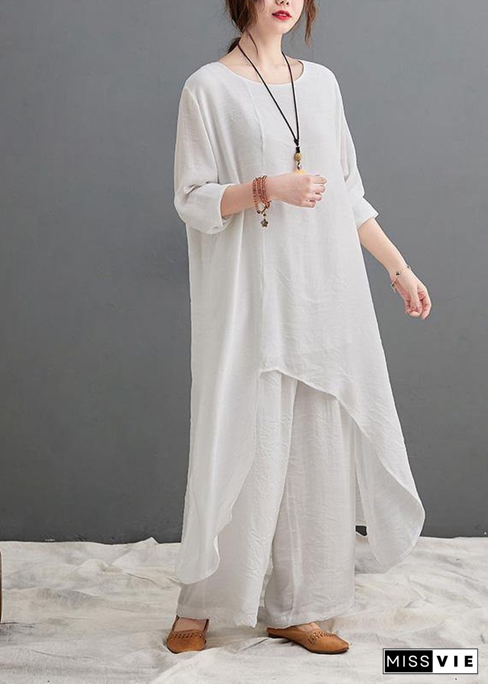 Large Size Loose Art Long White Top Casual Wide Leg Pants Two Piece Suit For Women