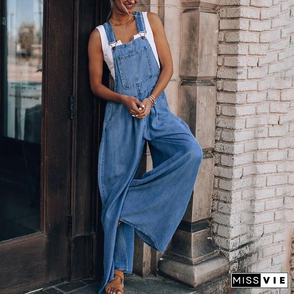 Denim Wide Leg Suspenders Jumpsuit