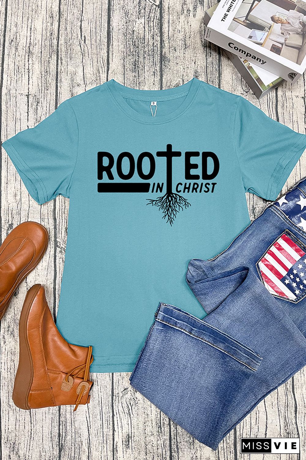 Rooted In Christ Printed Graphic Tees for Women Wholesale Short Sleeve T shirts Top