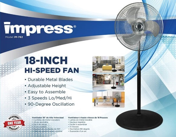 18-inch hi-speed industrial style high velocity oscillating stand fan with weighted round base IM-782